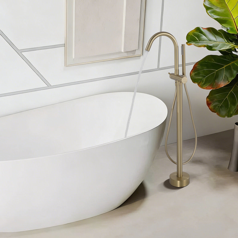 39"H Single Handle Floor Mounted Freestanding Tub Filler With Handheld Shower, Brushed Gold