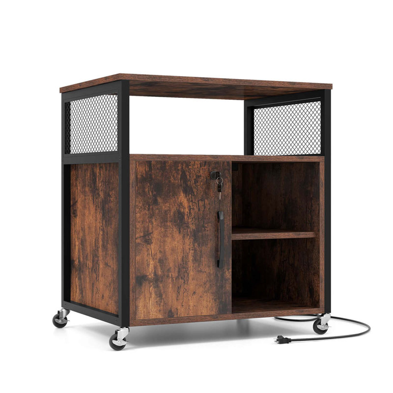 17 Stories File Cabinet On Wheels With Charging Station & Cable Management Hole Shelves, Brown/Black