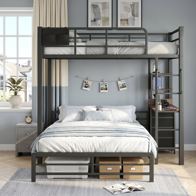 Twin Over Full L-Shaped Metal Bunk Bed with Desk and Storage Drawers, Black