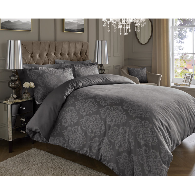 Dillsboro Cotton Blend Damask Duvet Cover Set with Pillowcases Included, Dark Grey, Double - 2 Standard Pillowcases