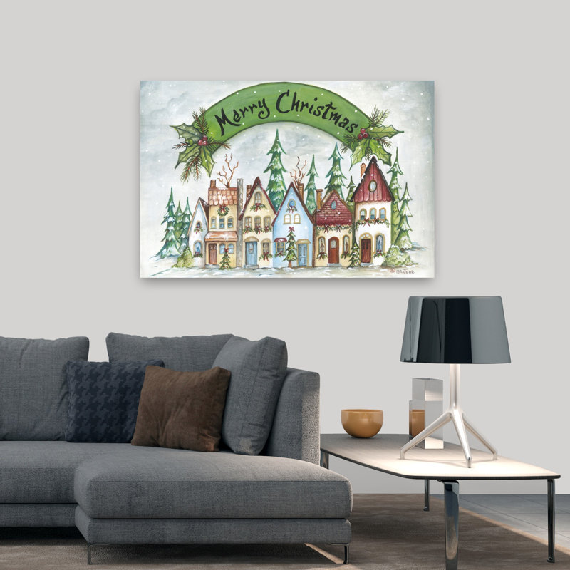 Christmas Village Abstract Contemporary Pine Tree Winter Architecture Art, 32" H x 48" W