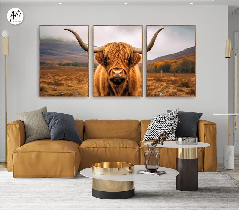 Highland Cow, impression de 3 pièces, H 16 po x l 36 po x P 0,75 po, Toile tendue