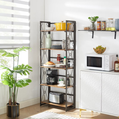 Étagère pliante en acier Jasiana, étagère de rangement étroite H 62 po x l 24 po avec tablettes amovibles en panneau de fibres à densité moyenne, bibliothèque industrielle pliable à 5 niveaux avec cadre en acier robuste pour petits espaces, bureau à domicile et salon, brun antique