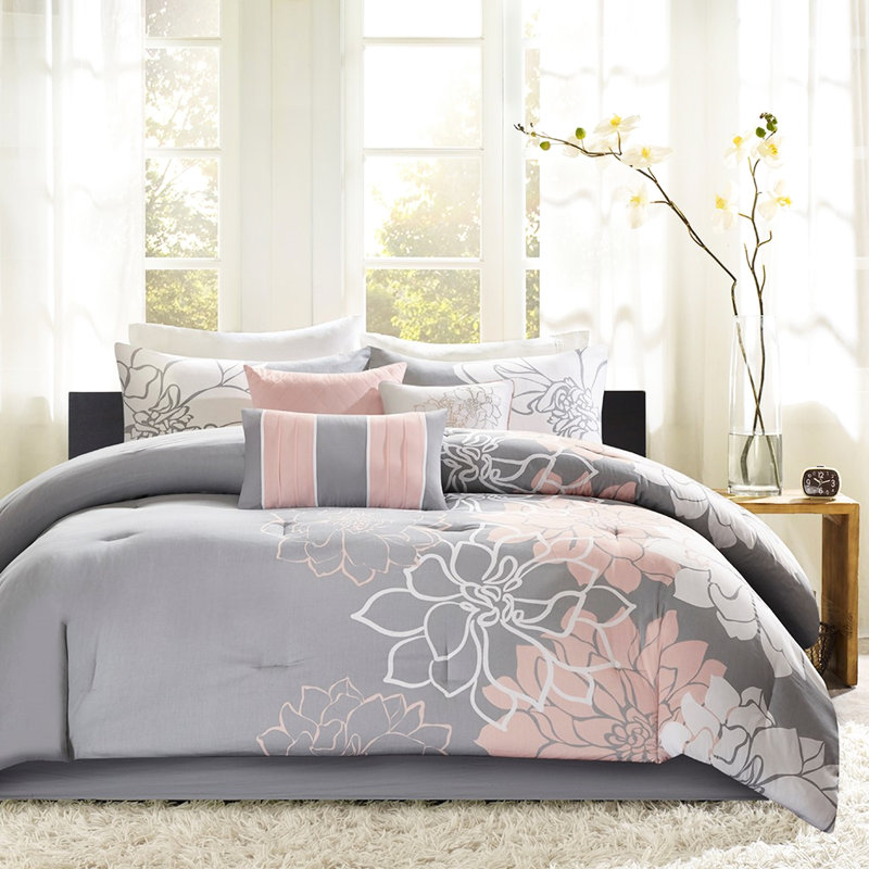 Literie - Coton imprimé gris / pêche avec rembourrage et coussins texturés, Gris / pêche