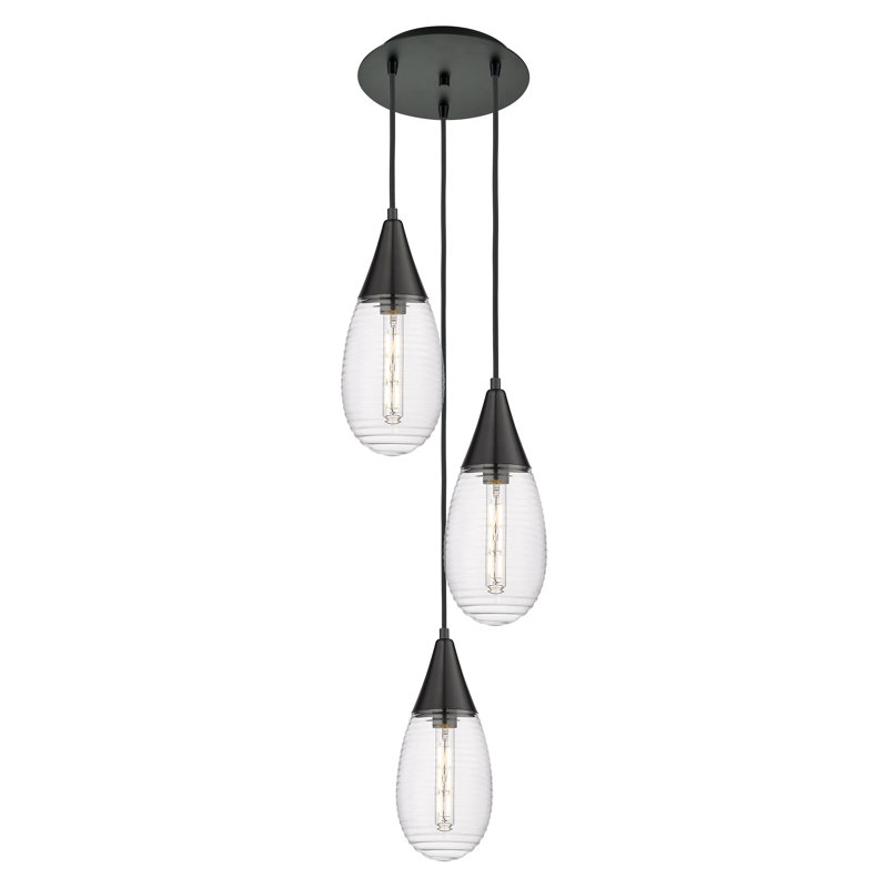 Luminaire suspendu grappe à 3 lumières Sonny, Rayé transparent, Noir mat