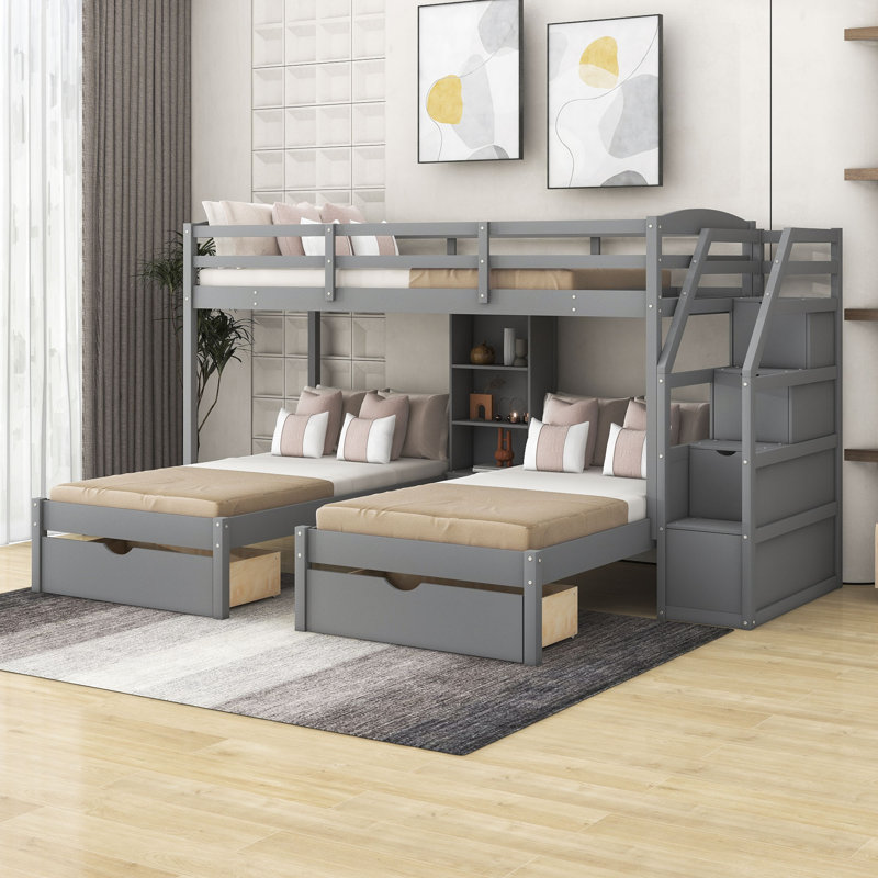 Havasxon Kids Twin over Twin& Twin 3 Drawers Triple Bed with Shelves