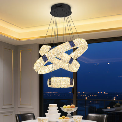 Modern Black Chandelier Led Crystal Ring Pendant Lighting For Living Room Dinning Room Kitchen 3-ring 8''+16''+24''
