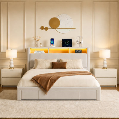 Full-size upholstered bed with drawers, featuring an upholstered storage headboard, heavy metal crossbar support, LED and USB charging, silent design