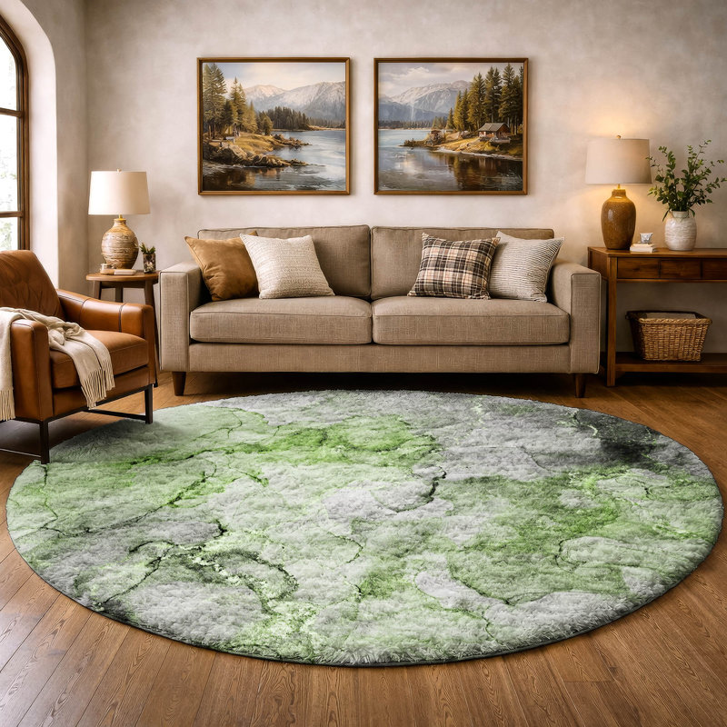 Premium Machine Washable Dream Shag ADS520 Watercolors Rug, Green, 8' Round