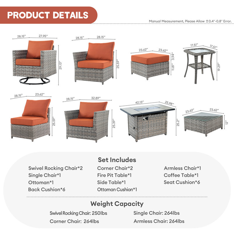 Kloster 6 - Person Patio Conversation Set with Cushions, Orange