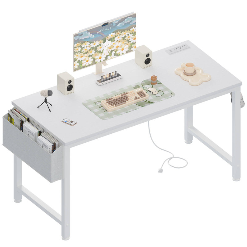 Bureau d'écriture rectangulaire avec prises de courant, Blanc, H 29,52 po x l 47,24 po x P 18,9 po