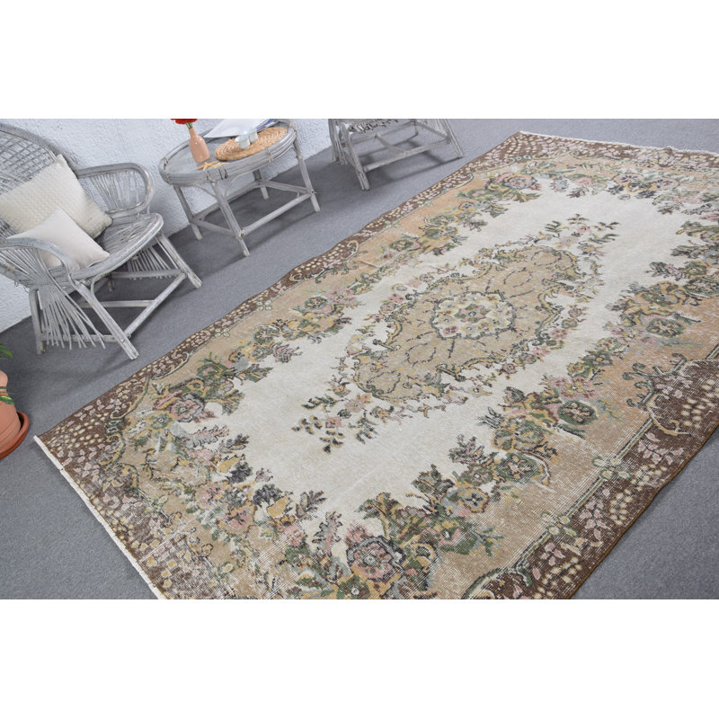 Grand tapis turc Oushak rétro avec motif floral orné vert - idéal pour les salons