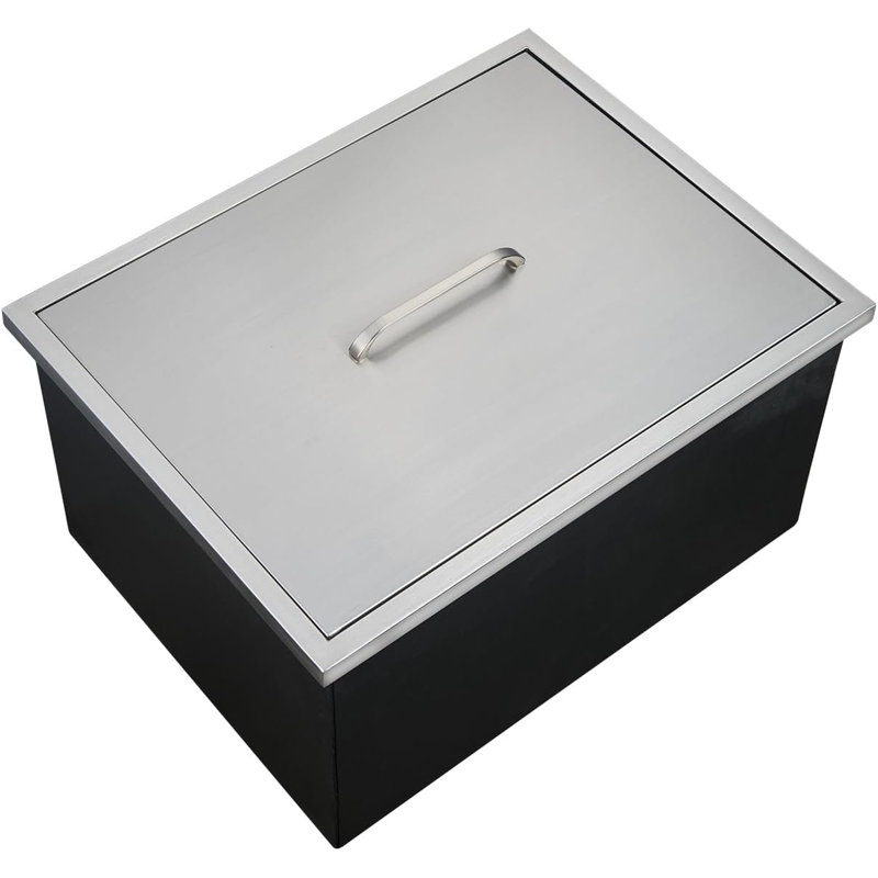 Bac à glaçons de cuisine en acier inoxydable encastré avec couvercle à charnière et bonde pour barbecue