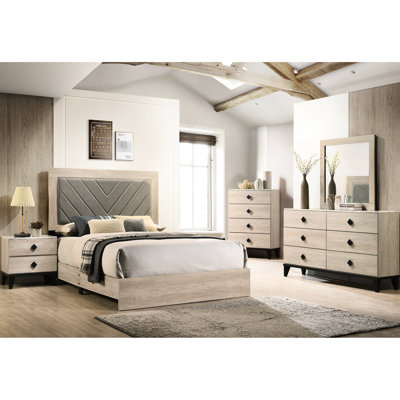 Lit pour grand lit de style classique, crème, tête de lit grise, structure en bois de couleur crème transitionnelle, bois d'hévéa