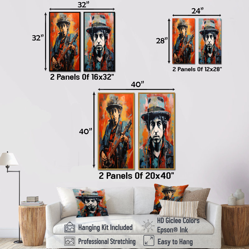 «Dylan In Denim Portrait - Abstract Popart», ensemble de 2 reproductions d'art sur toile, Encadrement doré, H 40 po x l 41 po