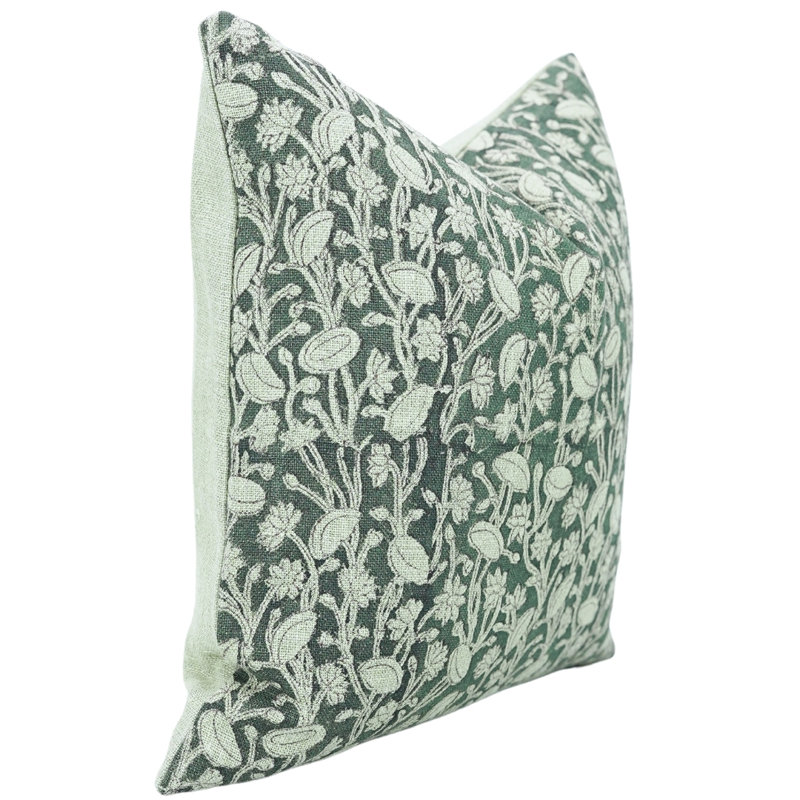 Natural Linen Block Print Pillow Cover Green Boho Decorative Throw Cushion, Zippered Size- 20X20 Inch, 20" x 20"