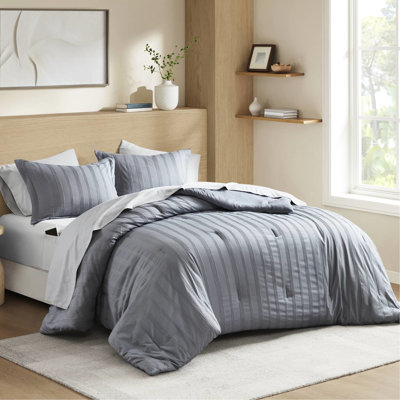 7 - Piece Queen Comforter With Grey Tone, Breathable Fill, Machine Washable And Woven Striped Bedding Featuring 200gsm Wrinkle Microfiber, Fits 12" Deep Mattresses