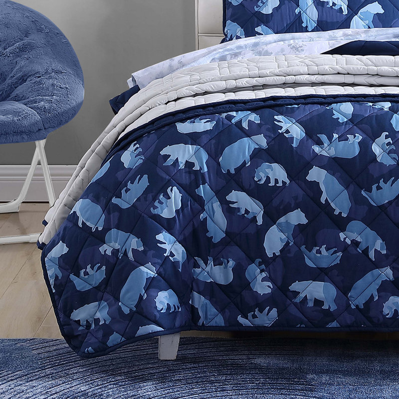 Navy Blue Microfiber Twin Kids Reversible Quilt Set