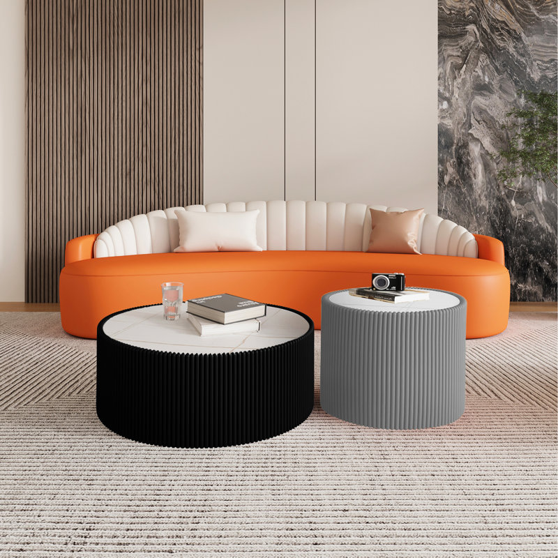 Table de bout moderne en cuir de forme cylindrique, blanc et or, sans assemblage requis, table basse en pierre frittée pour salon, couleur grise, livres, lampes et