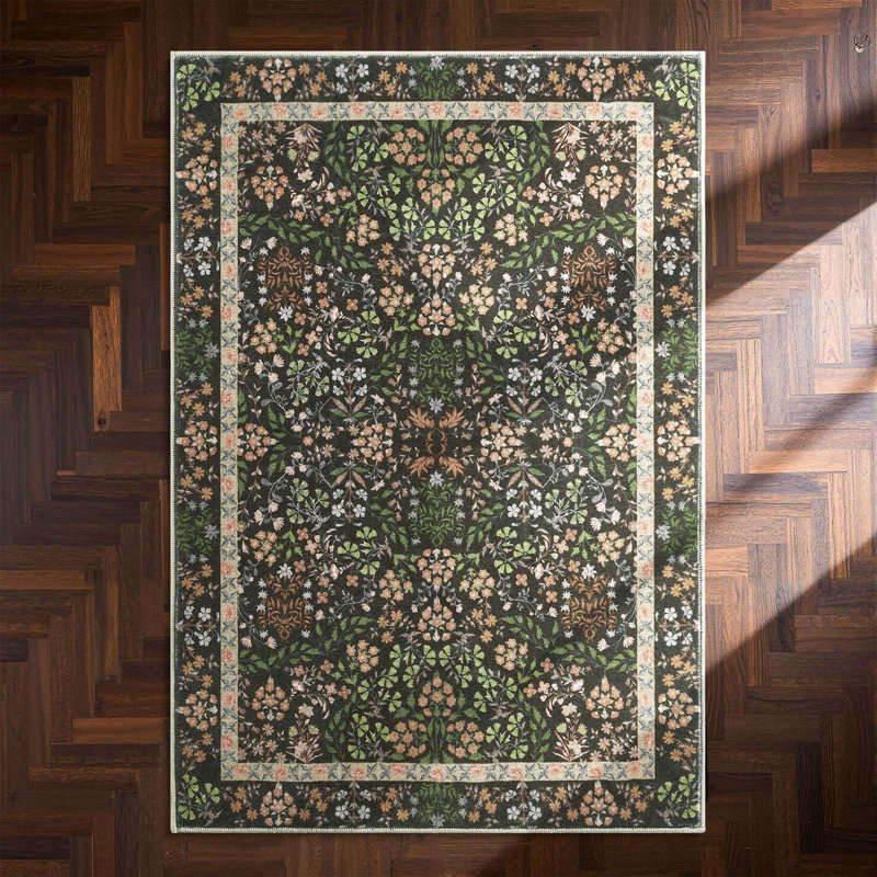 Floral Machine Washable Area Rug, Rectangle 2' x 3', Black