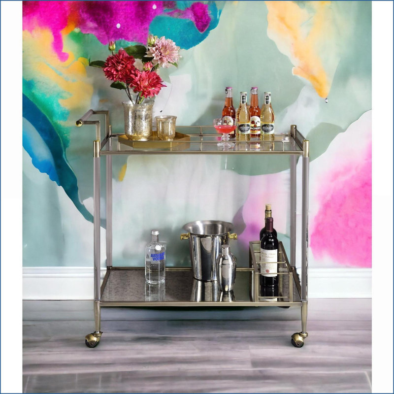 Serving Cart with Wine Holder, 31”L x14”W x24”H, Antique Mirror &amp; Brass Accents | Glass+Metal