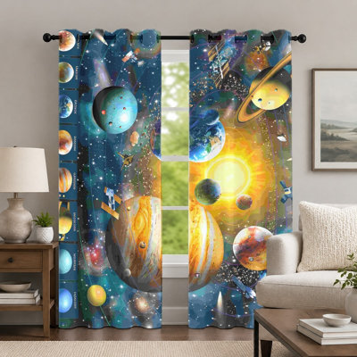 2Pcs Outer Space Planets Curtains, Galaxy Themed Window Drapes, Vibrant Universe Science Celestial Body Pattern Printed Grommet Curtains, Window Treatment for Bedroom Living Room Decor