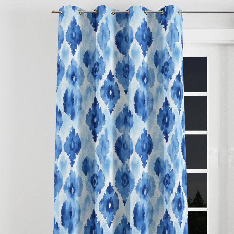 Coastal Rideaux - Rideau à œillets ikat bleu plage - 1 panneau, Œillets dorés, L 52 po x L 108 po