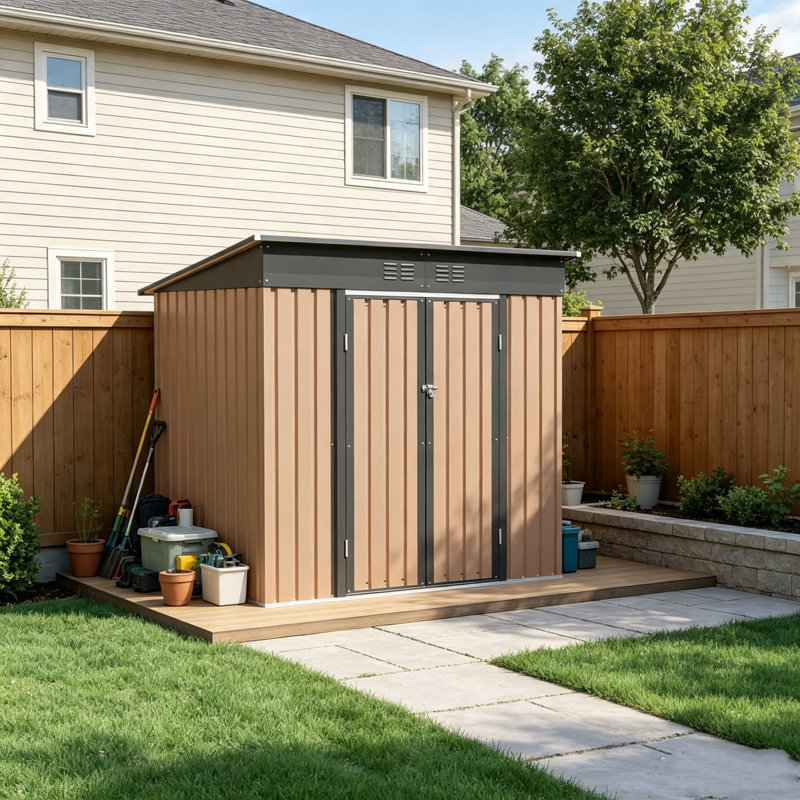 Abri de jardin en métal 1,8 x 1,2 m avec porte à charnières, toit pentu, brun, idéal pour ranger vos affaires sur une terrasse ou dans votre jardin. Résistant aux intempéries, verrouillable et facile à monter.