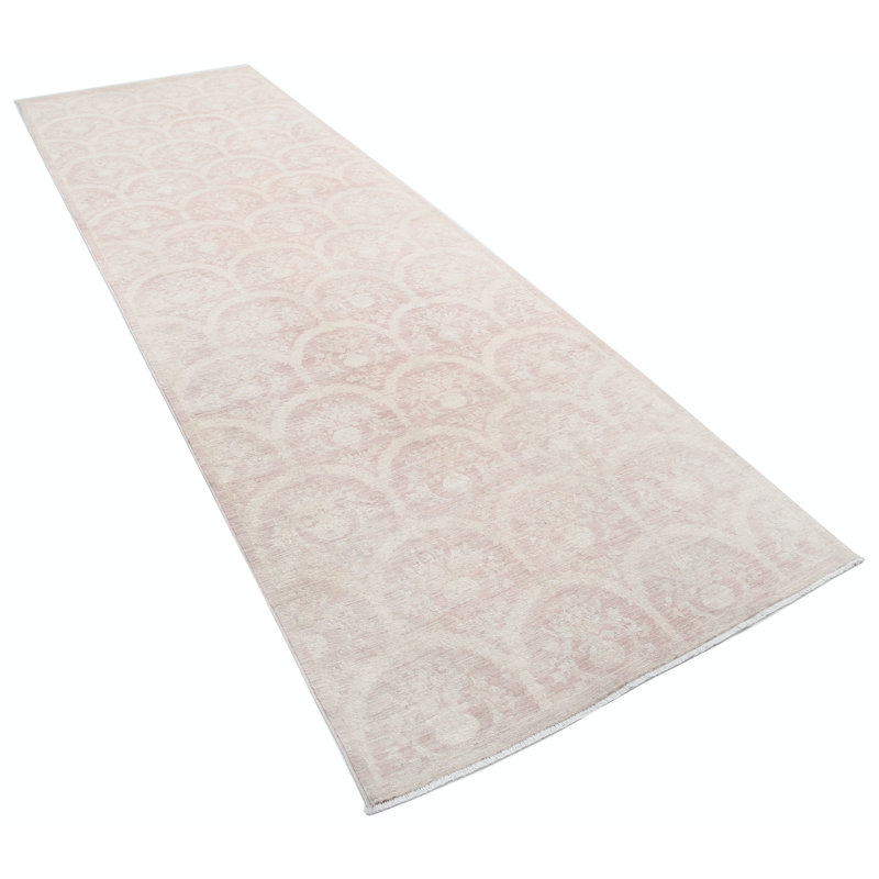 Tapis de couloir en laine noué à la main ivoire et rose pâle 4 x 12,2 pi pour couloir et cuisine