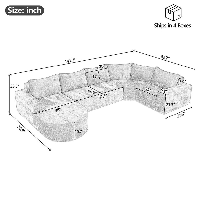 141.7" Oversized Modular Sectional Sofa, Brown Chenille