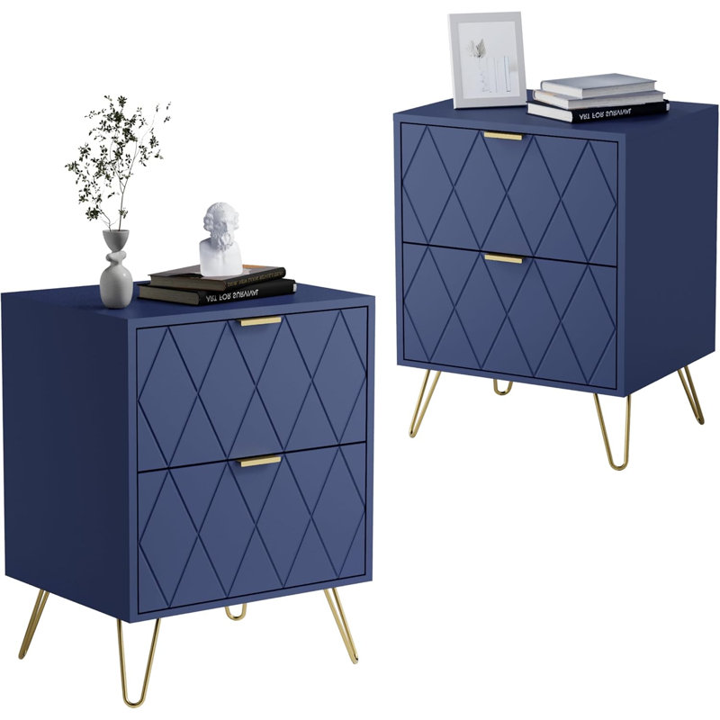 40 cm W Solid Wood Bedside Table, Navy Blue