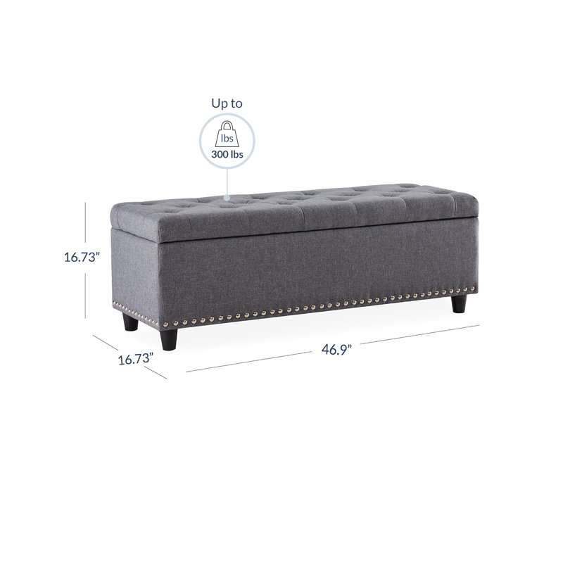 Repose-pieds de rangement rectangulaire capitonné de 46,9 po de largeur, Lin gris, Brun foncé