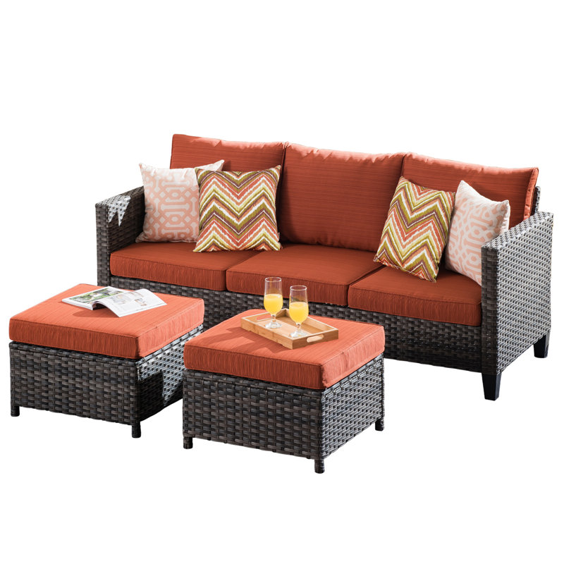 Kaniha Premium All-Weather Wicker 3 - Person Patio Conversation Set with Cushions, Orange