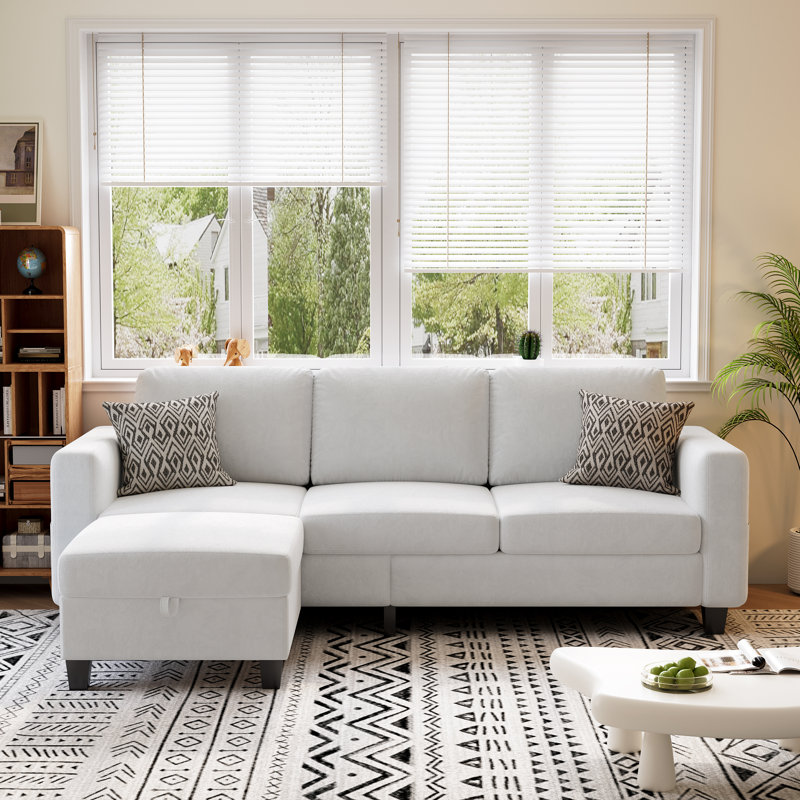 78'' Upholstered Sofa Couch With Movable Ottoman, White