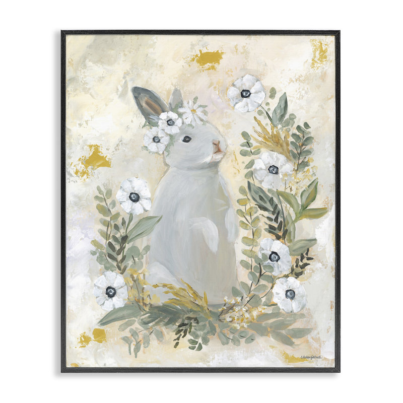 Lapin aux fleurs blanches, estampe numérique par Mackenzie Kissell, Giclée encadrée noir minuit, H 30 po x l 24 po