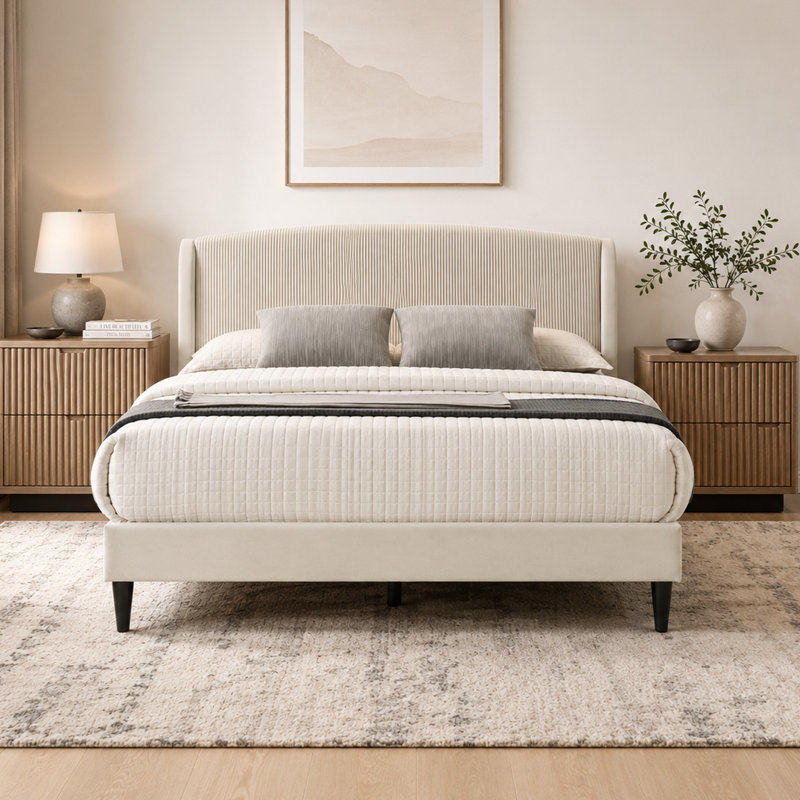 Lit double tapissier Jolande, Beige, Lit double