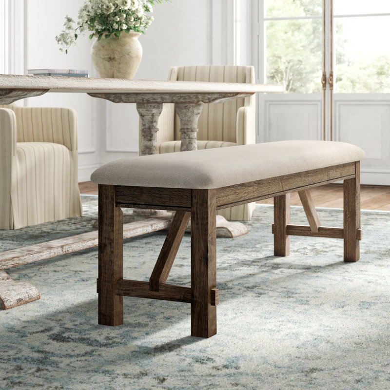 Helbert 60" Solid Wood and Upholstered Farmhouse Dining Bench, Rustic Umber