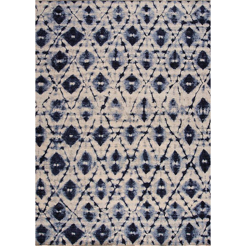 Shibori Hand Knotted Wool Area Rug in Ivory/Blue/Navy, Rectangle 10' x 14'