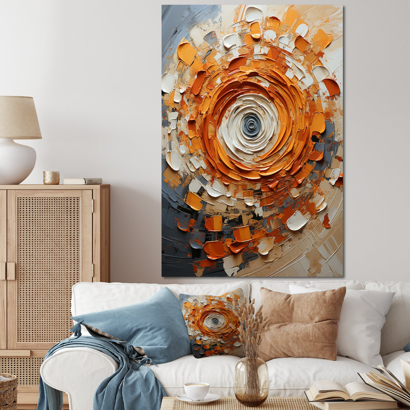 Collage abstrait en spirale orange et blanc - Collages abstraits, art mural, Toile tendue, 44" H x 34" W