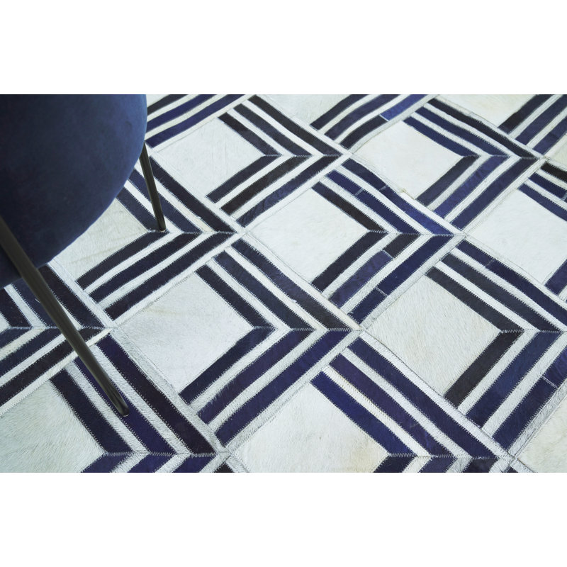Natural Hide Cowhide Geometric Area Rug in Navy, Rectangle 5' x 8'