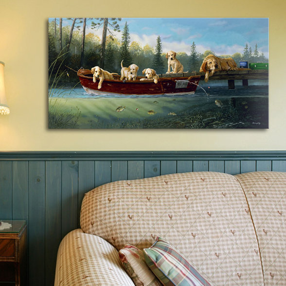 «Fishing Lesson» par Terry Doughty, reproduction, Cadre blanc, H 26 po x l 44 po x P 1 po