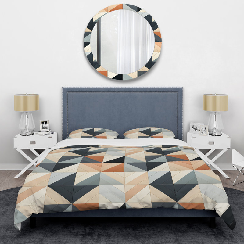 Natural Tones Grey And Beige Mosaic Geometric Shapes Duvet Cover, Queen Duvet Cover + 2 Standard Shams, Geometric Shapes 24