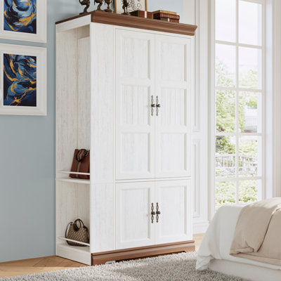 4 Doors Wardrobe Closet with Side Half Mirror, 2 Railed Open Storage Shelves, 70” Bedroom Armoire with 3 Hooks & Hanging Rod