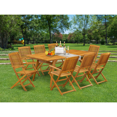 Cet ensemble de salle à manger 9 pièces pour bistro de patio comprend une table d'extérieur rectangulaire en bois d'acacia et 8 chaises à accoudoirs pliables, 40 x 72 pouces, huile naturelle