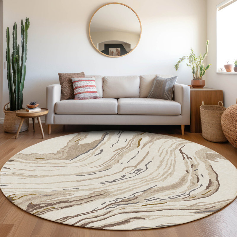 Machine Washable Indoor/Outdoor Chayden ACN1037 Ivory Rug, Round 8'