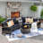 6 Piece Outdoor Patio Furniture Set, Half-Moon Curved Sectional Sofa Rattan Patio Conversation Set With Wood Armrests, Tempered Glass Round Coffee Table & Side Table-126902232