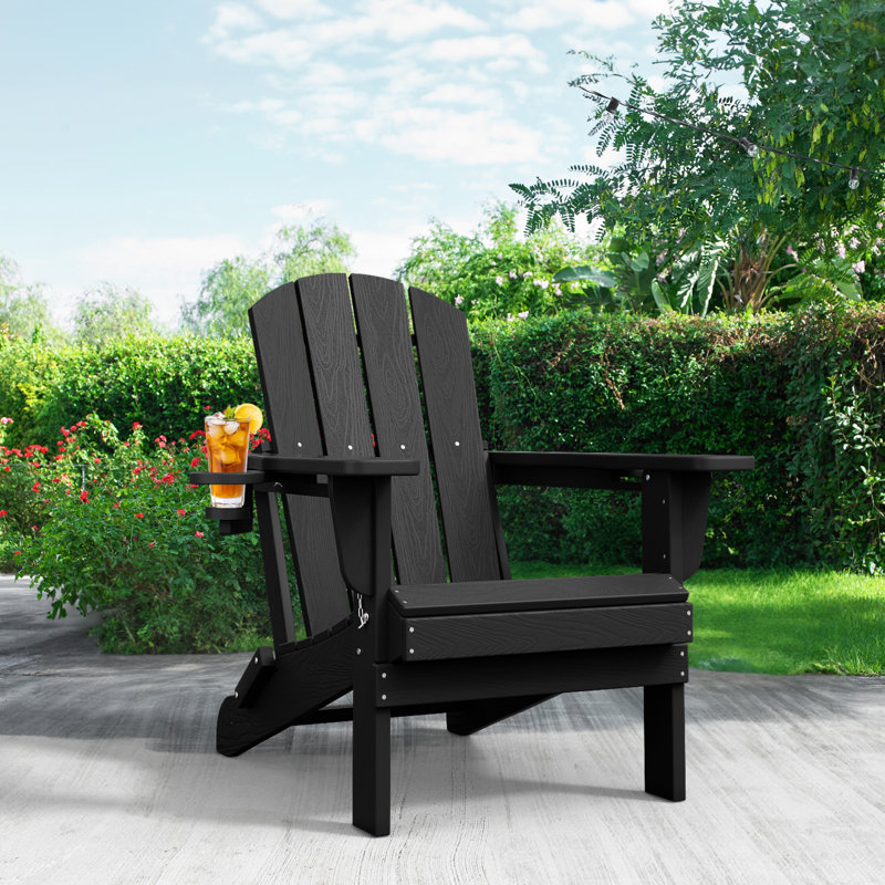 Chaise Adirondack pliante en polyéthylène haute densité Wolak avec porte-gobelet double, Noir