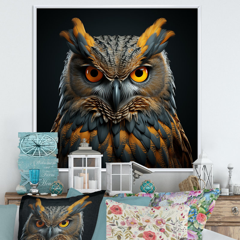 Hibou expressionniste sur toile, White Picture Framed, 30" H x 30" W