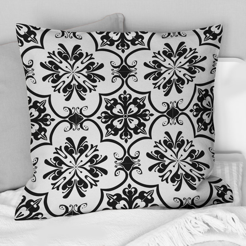 Carreaux de mosaïque floraux noirs rétro - coussin décoratif floral, Carrée, H 18 po x l 18 po