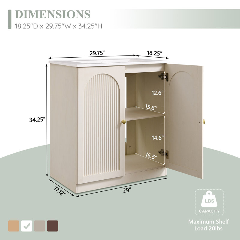Meuble-lavabo arqué 30 po avec lavabo et plateau en céramique Ahart, Blanc antique